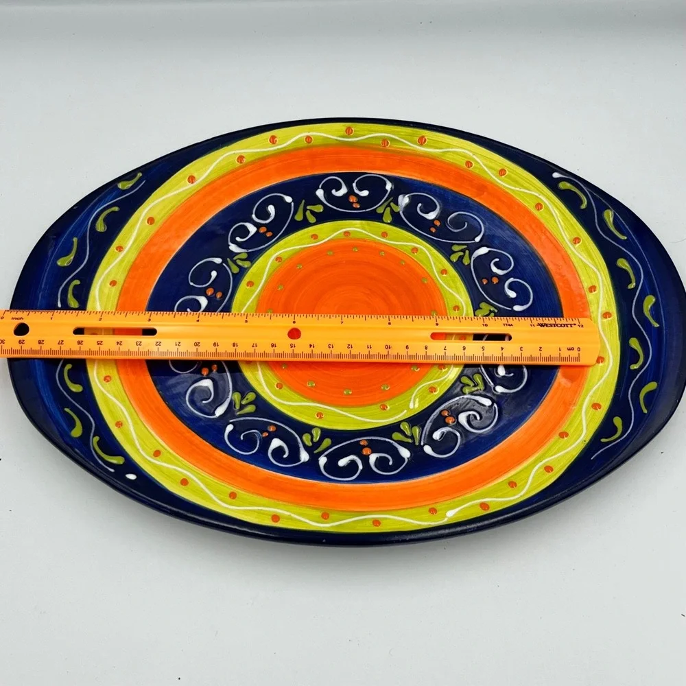 Pier 1 Imports Cypress Stripes Oval Platter Hand Painted Earthenware Spain 15x10